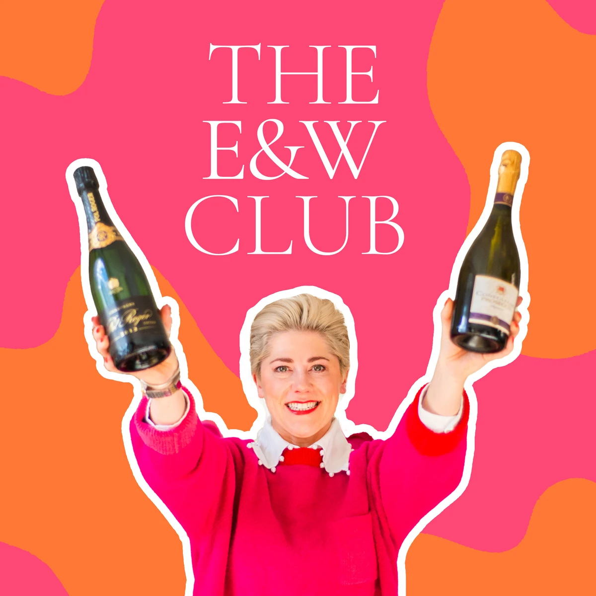 The E&W Club graphic featuring a woman holding two bottles of wine