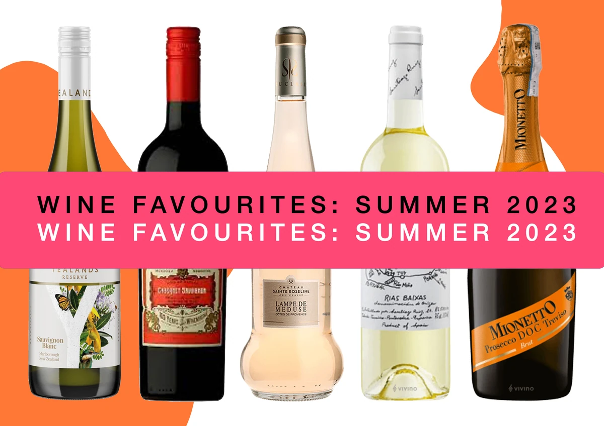 Assorted wine bottles with Wine Favourites Summer 2023 banner