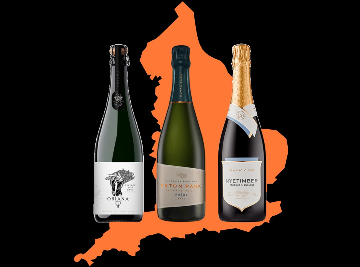 Three sparkling wine bottles against an orange map of England silhouette