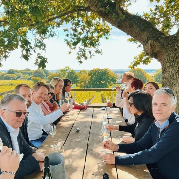 Group tasting wine at a wooden table overlooking sunlit countryside beneath a tree