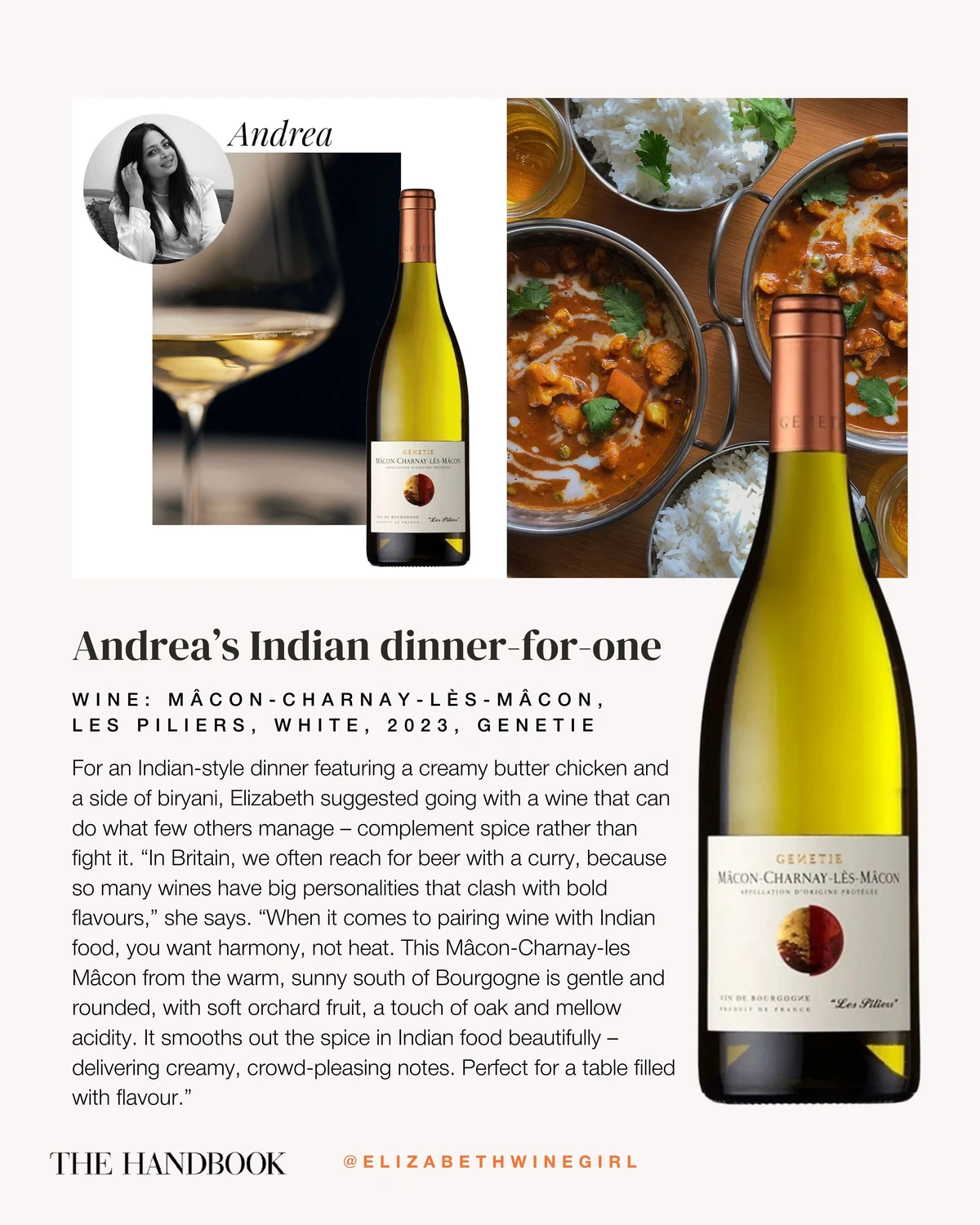 Andrea’s Indian dinner-for-one, featuring Mâcon-Charnay-Lès-Mâcon white wine, 2023, Genetie