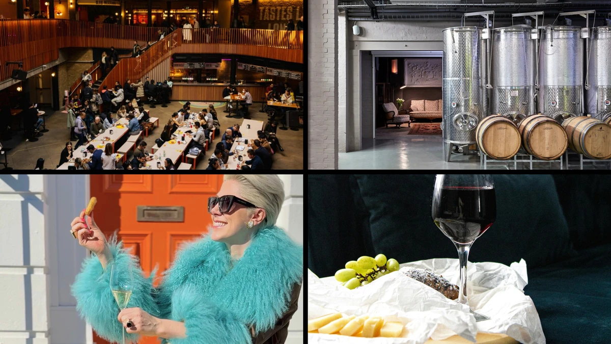 Wine event, winery tanks, stylish woman, wine and cheese in four panels