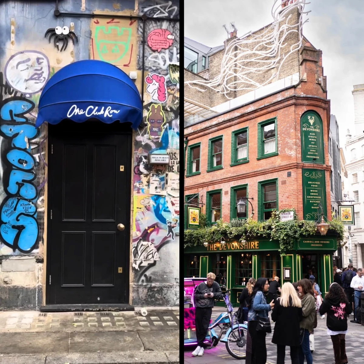 Graffiti-covered One Club Row doorway beside The Devonshire pub with people outside
