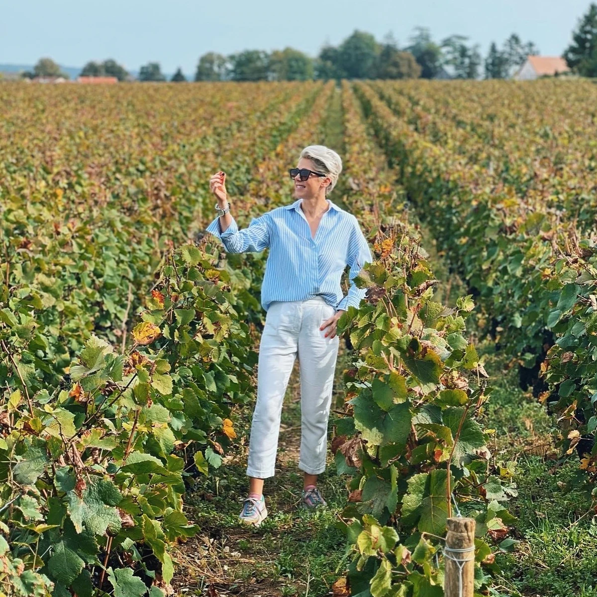 Person standing among rows of grapevines in a vineyard