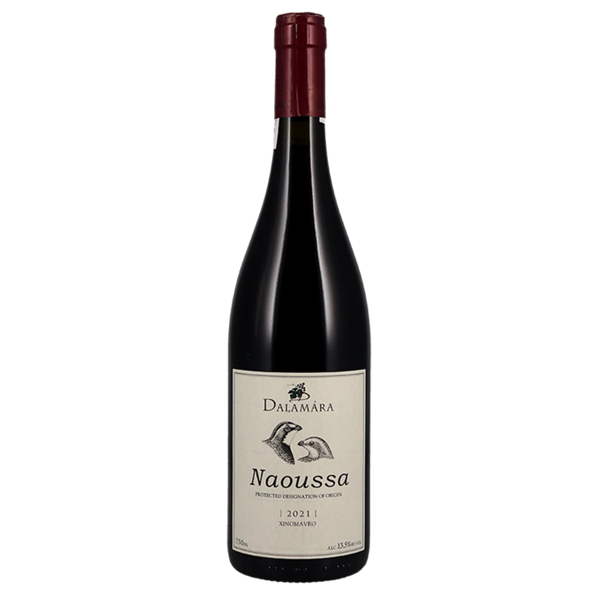 Bottle of Dalamaras Naoussa 2021 Xinomavro red wine on white background