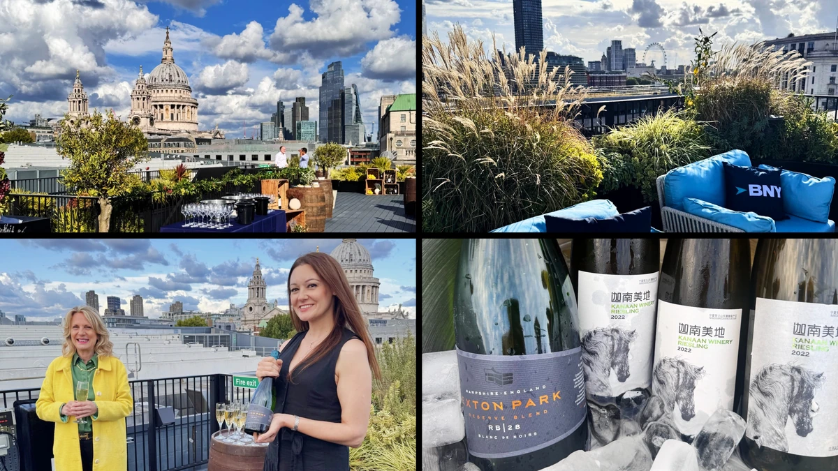 Four-photo collage showing rooftop London views, guests, and wine bottles