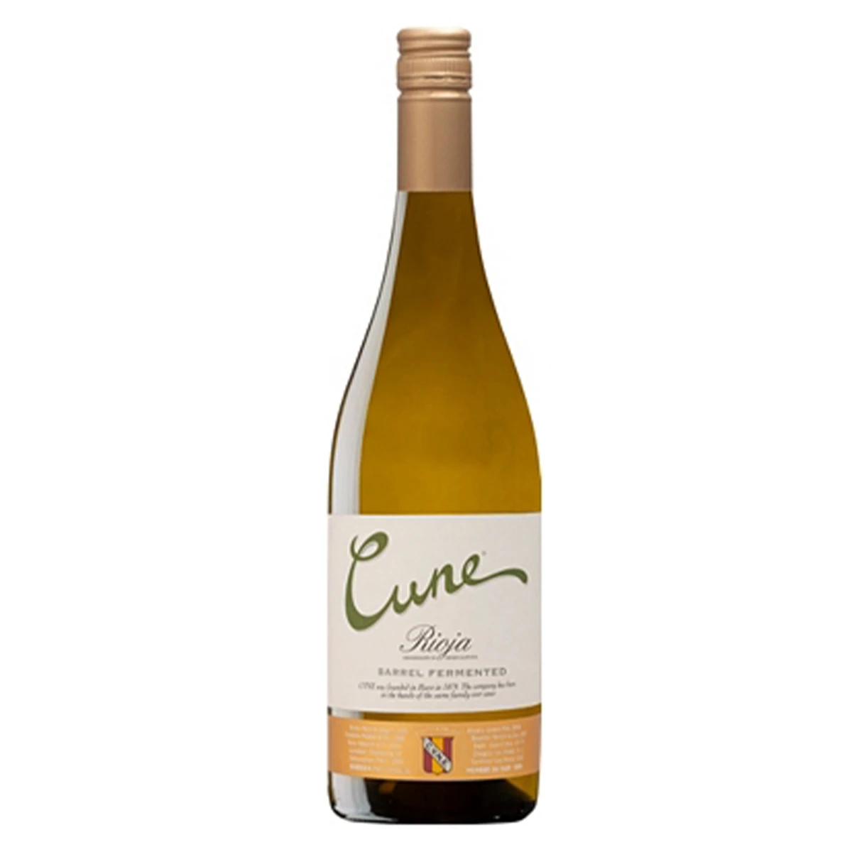 Bottle of Cune Rioja white wine on a white background