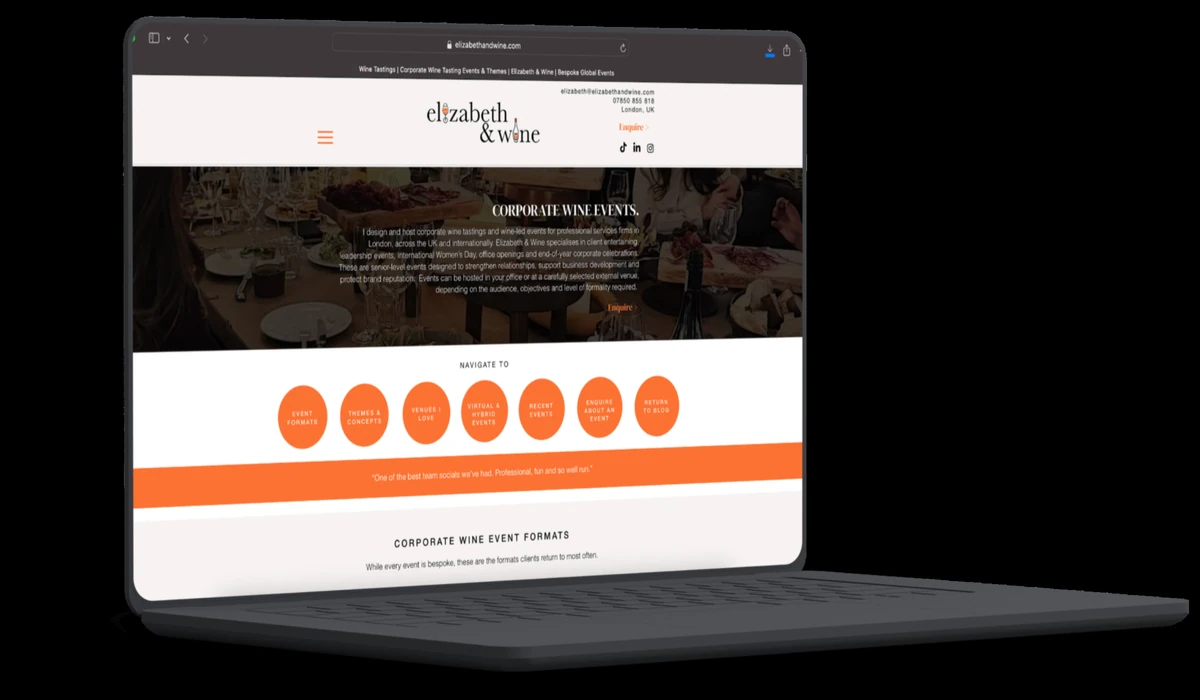 Laptop displaying Elizabeth & Wine’s CORPORATE WINE EVENTS webpage