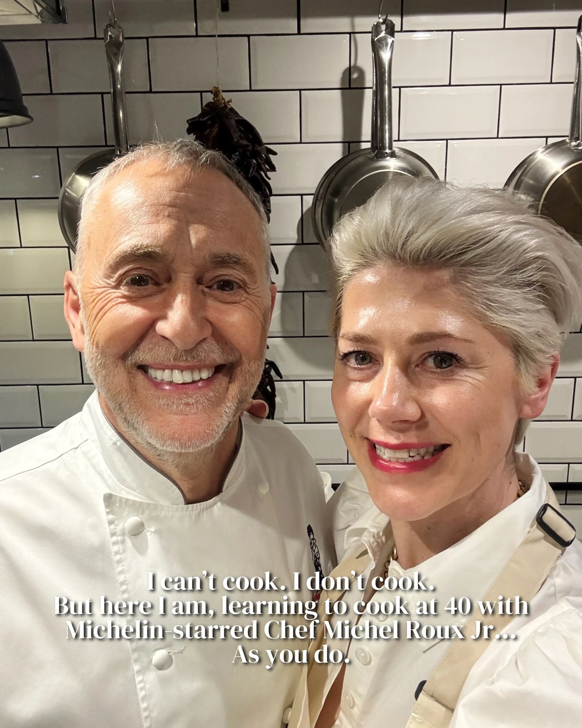 Two chefs pose beneath text reading I can’t cook. I don’t cook