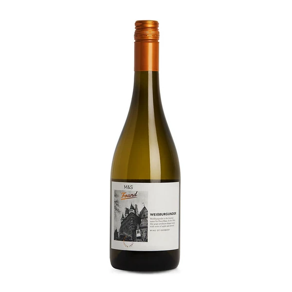 Bottle of M&S Found Weissburgunder white wine on a white background