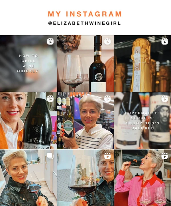 MY INSTAGRAM @ELIZABETHWINEGIRL above a nine-image grid of wine photographs