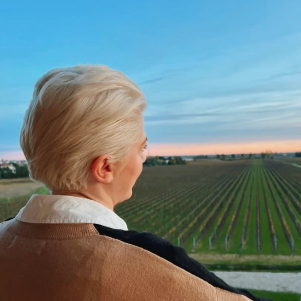 Person gazing over rows of crops beneath a blue evening sky