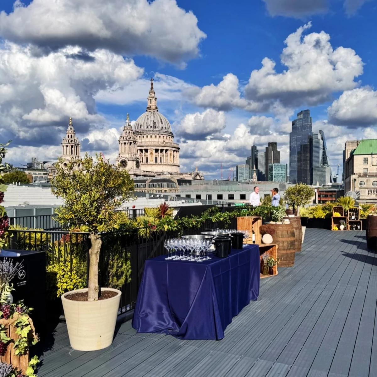 Rooftop terrace with wine table, plants and views of St Paul's Cathedral and London skyline