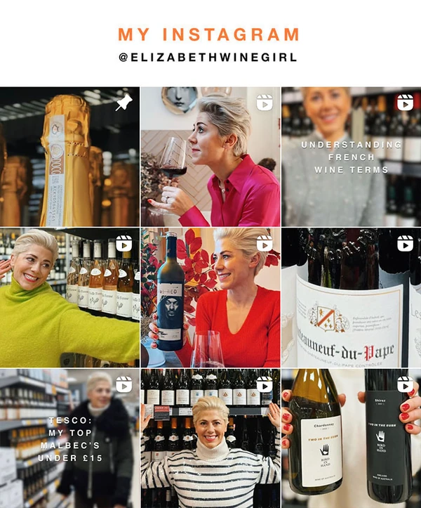MY INSTAGRAM @ELIZABETHWINEGIRL, with wine bottles, portraits and tasting text panels