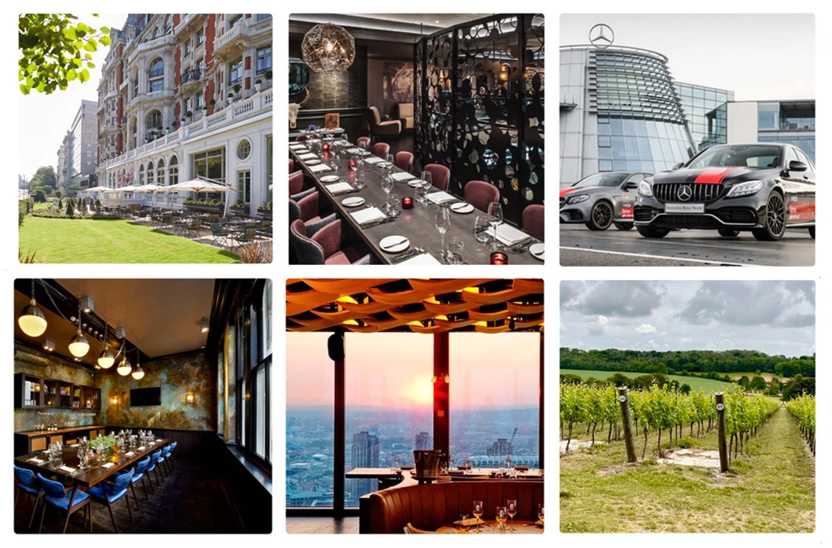 Collage of restaurants, a hotel terrace, Mercedes cars, city views and vineyard landscape