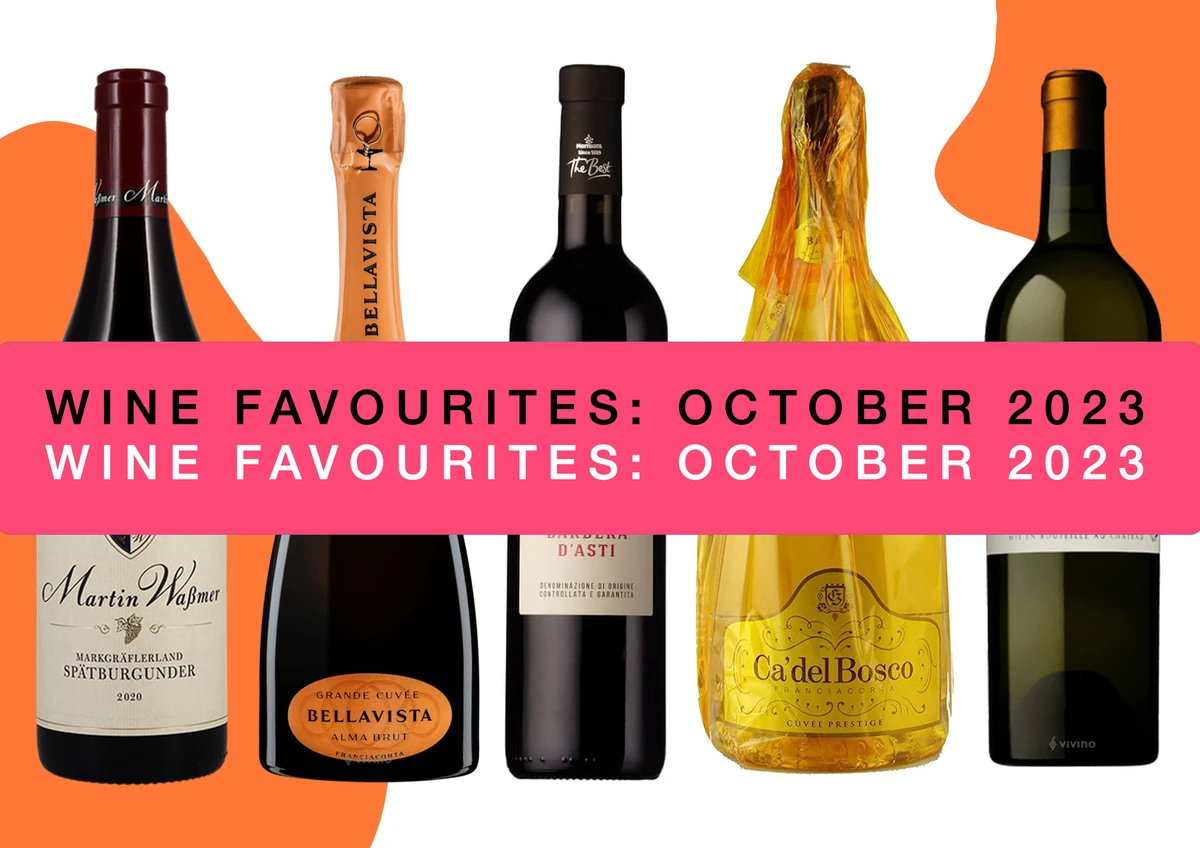 Assorted wine bottles with Wine Favourites October 2023 banner