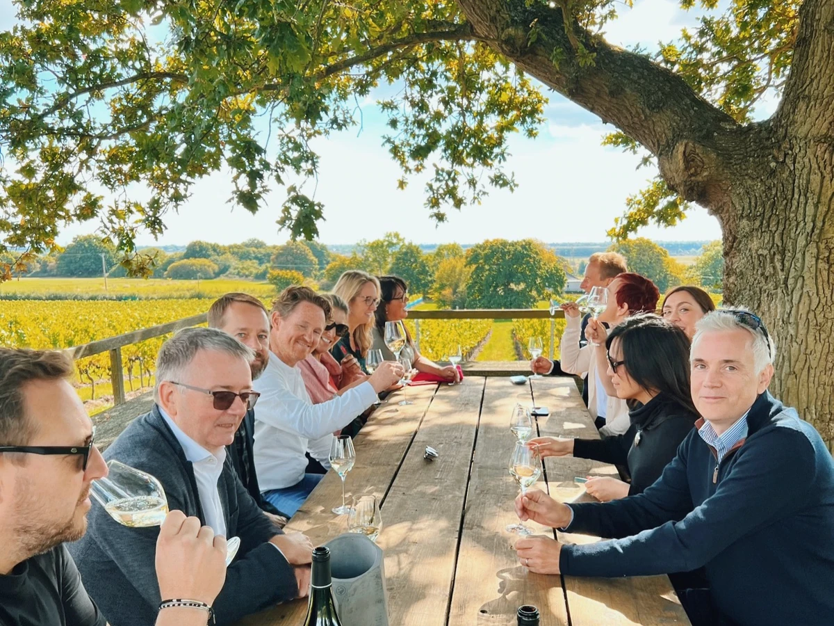 People drinking wine at a picnic table overlooking vineyards beneath a tree