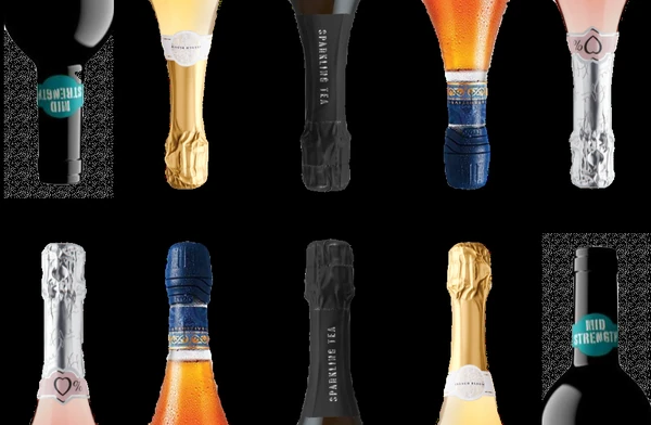 Close-up collage of colourful sparkling wine bottle necks and labels against black background