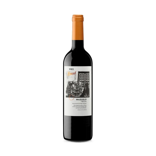 Bottle of M&S Found Mazuelo Rioja red wine against a white background