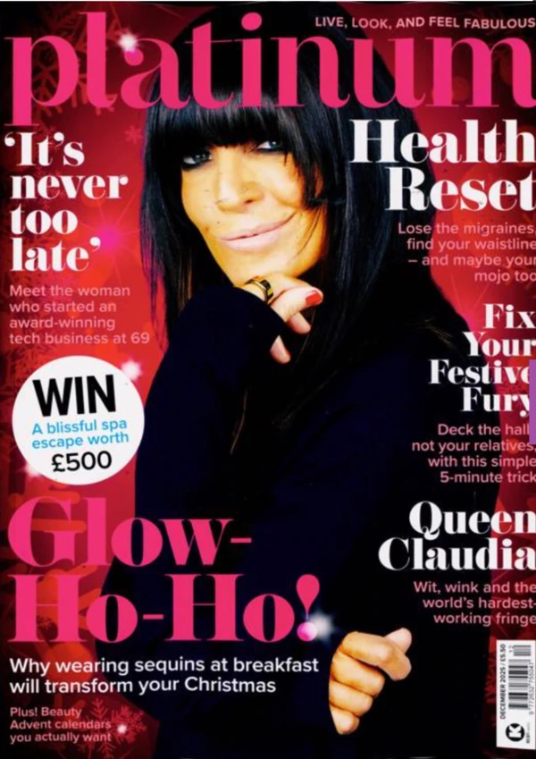 Platinum magazine cover featuring a woman, “It’s never too late” and “Glow-Ho-Ho!”