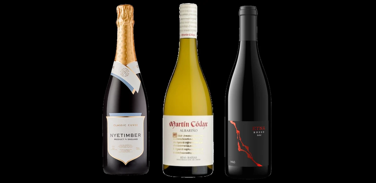 Three wine bottles: Nyetimber sparkling wine, Martín Códax Albariño and Etna Rosso