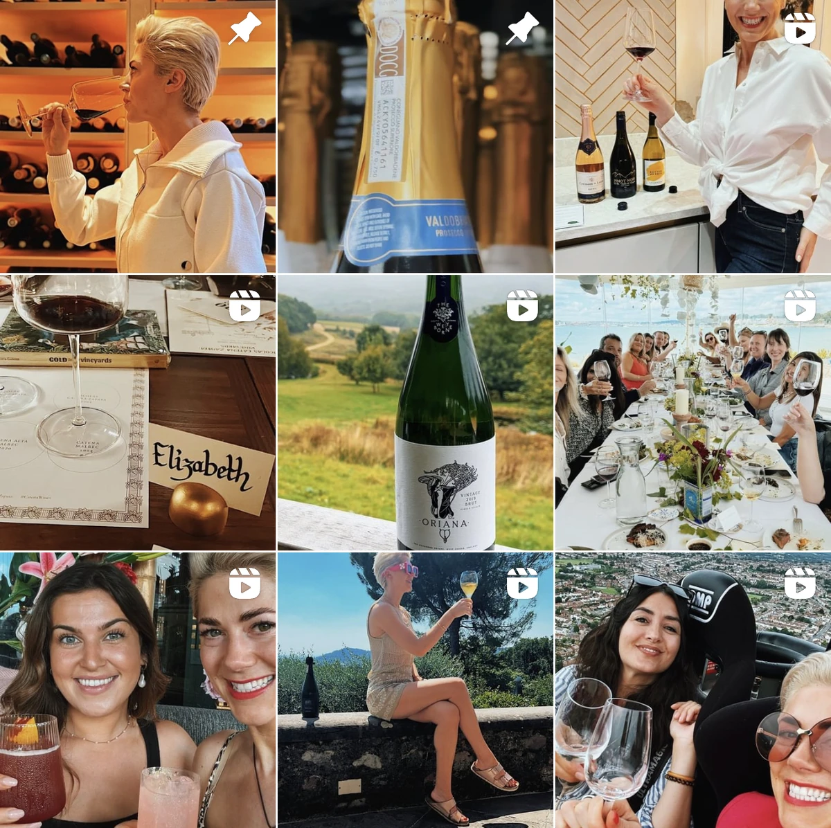 Collage of wine tasting, bottles, vineyard visits and groups enjoying drinks