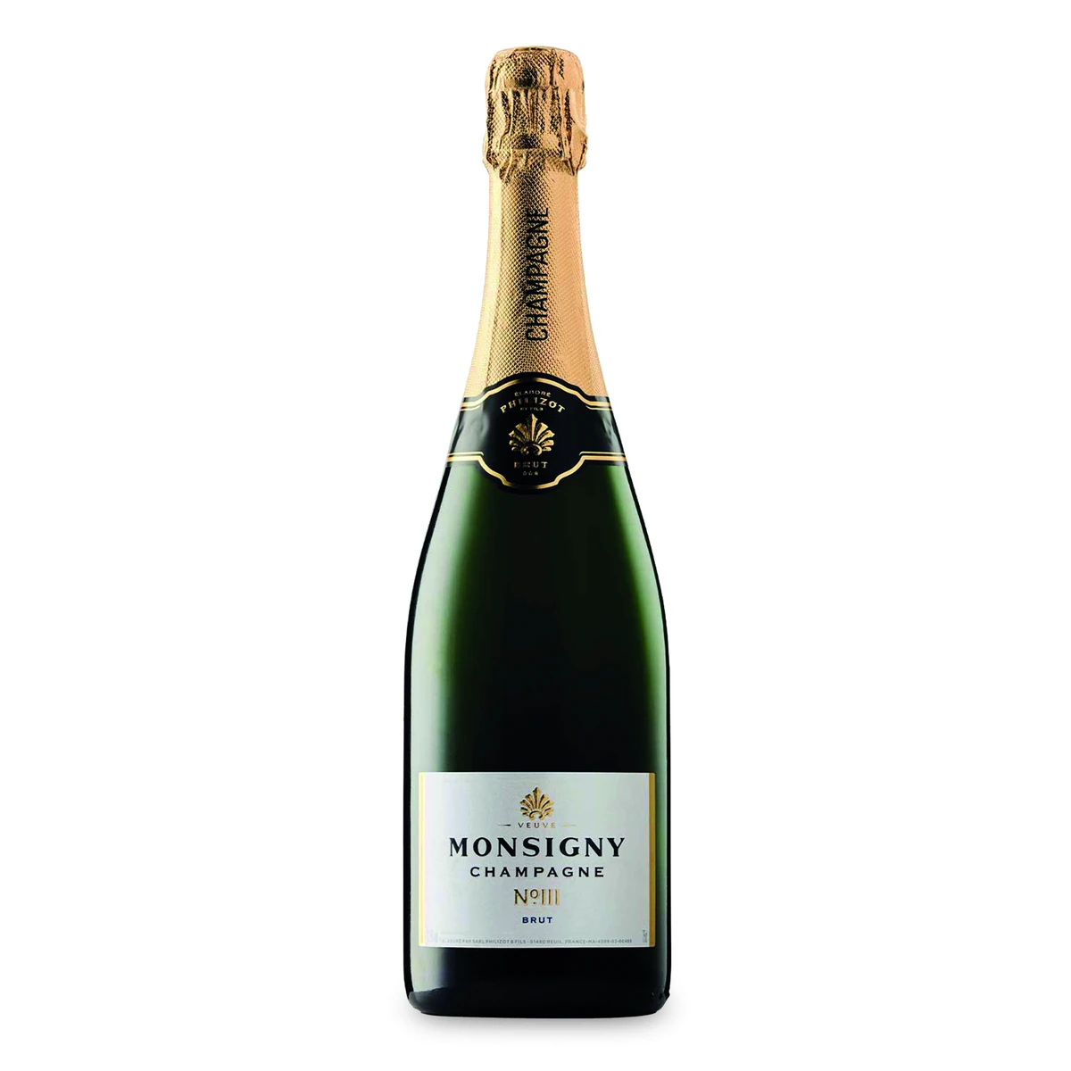 Bottle of Monsigny Champagne Brut on a white background