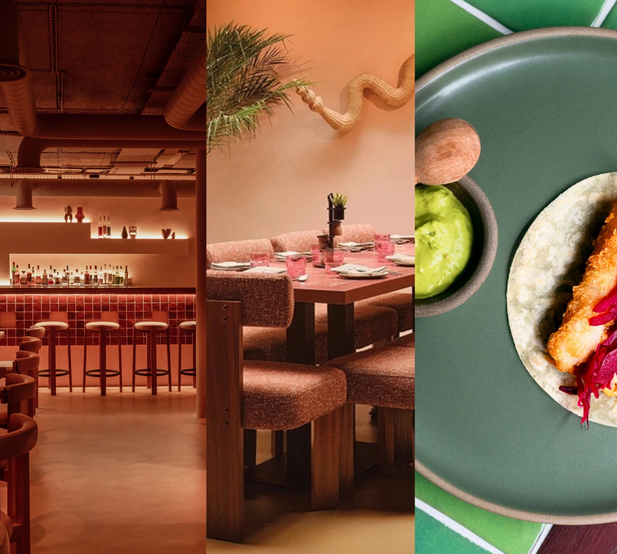 Warm-toned bar, restaurant dining area and plated dish with dip and vegetables