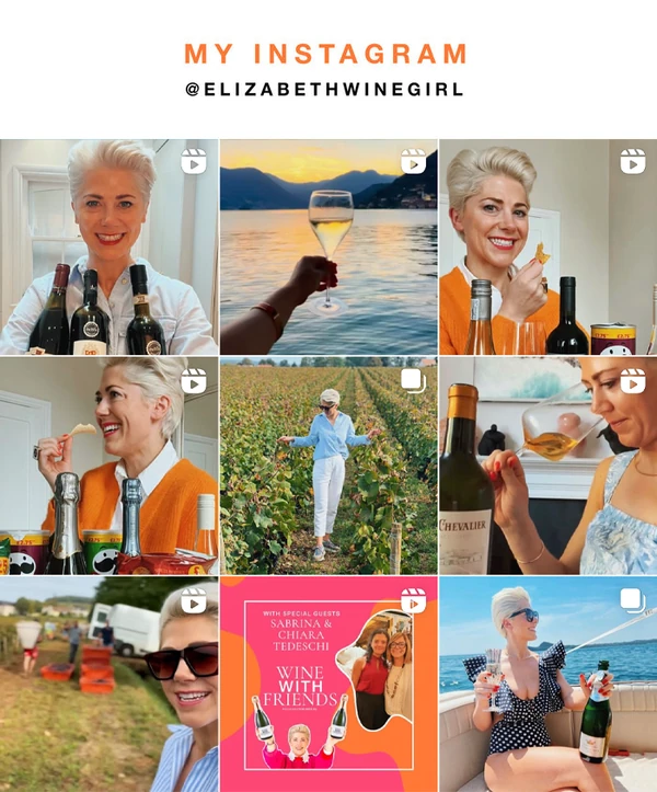 MY INSTAGRAM @ELIZABETHWINEGIRL with a nine-image wine-themed photo grid