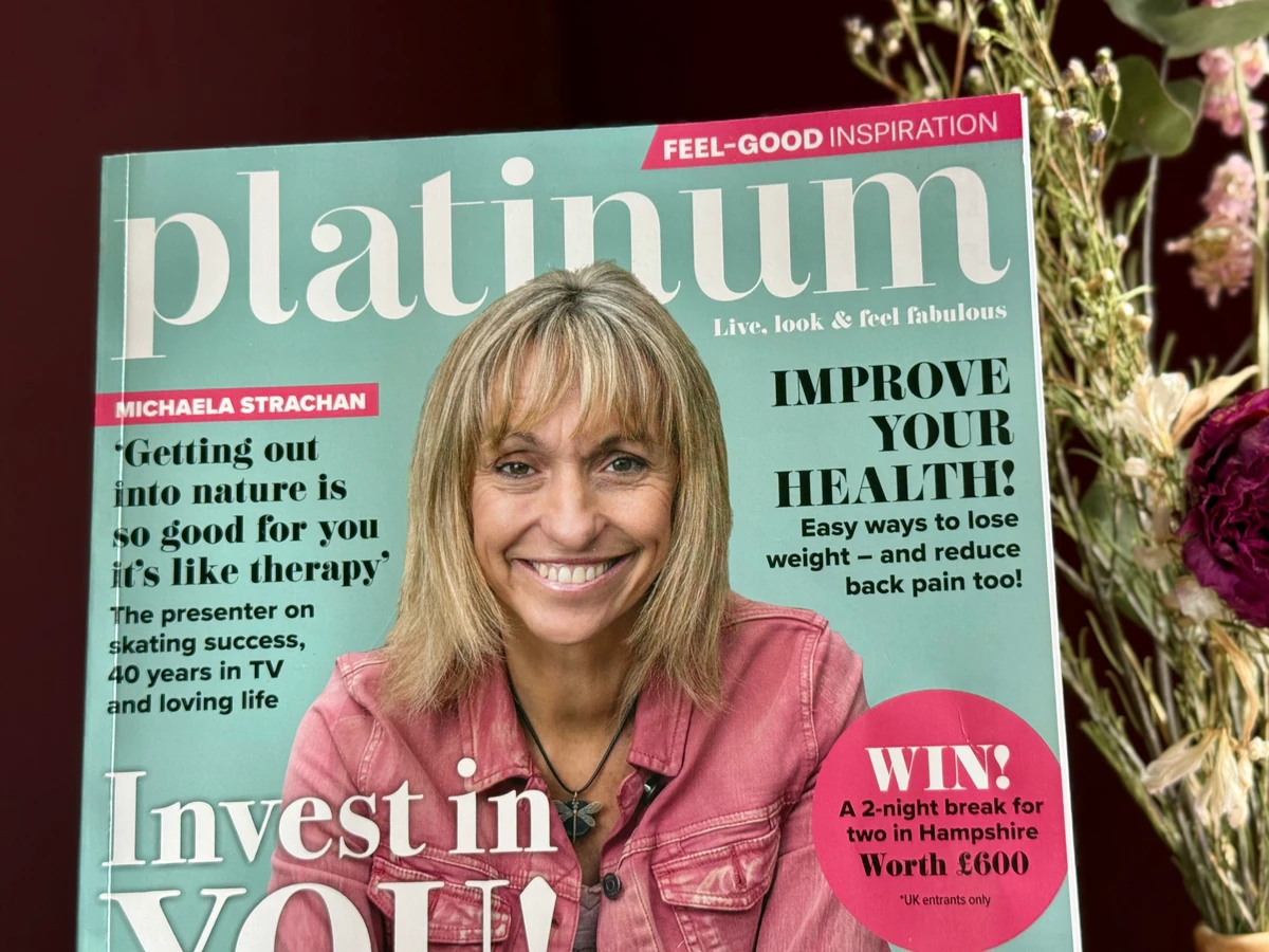Platinum magazine cover featuring Michaela Strachan and health headlines beside flowers