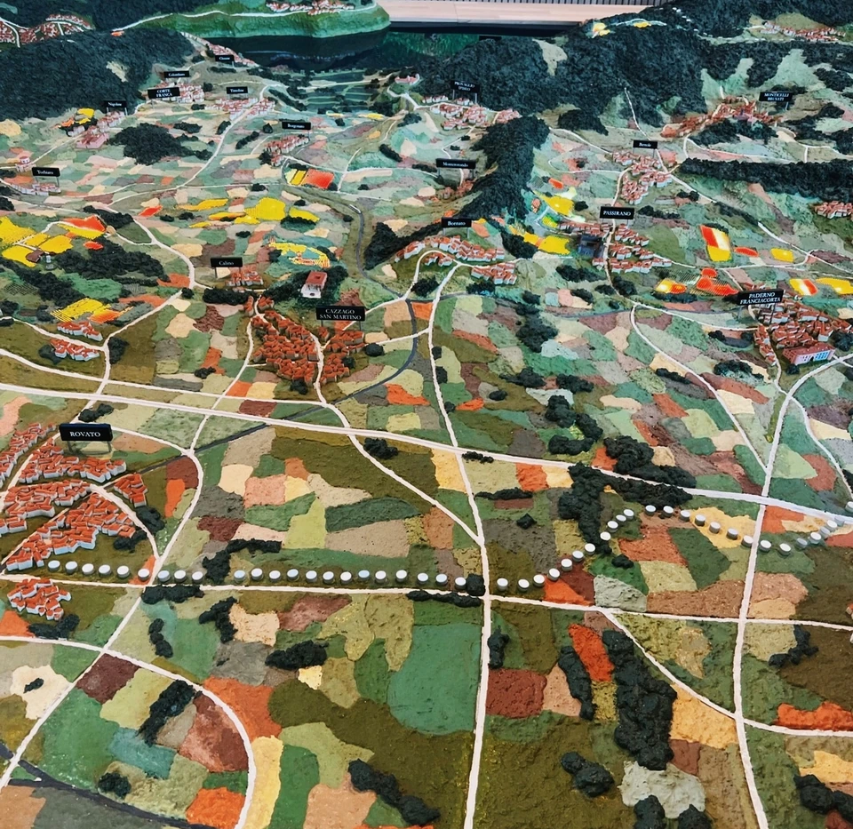 Relief map of Franciacorta wine country with labelled villages, vineyards and roads