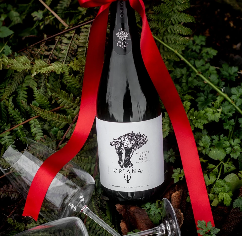 Bottle of Oriana 2019 Brut with a red bow, rose and wine glasses