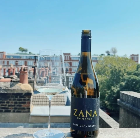 Zana Sauvignon Blanc bottle and filled wine glass on a London rooftop