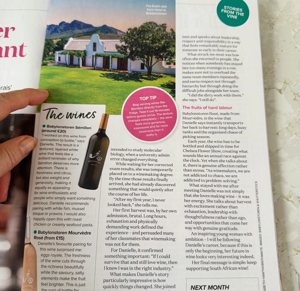 Magazine page featuring Babylonstoren Semillon wines and a South African vineyard story