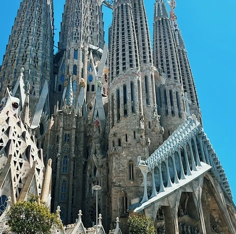 Sagrada Família basilica rising above visitors in Barcelona under a clear blue sky