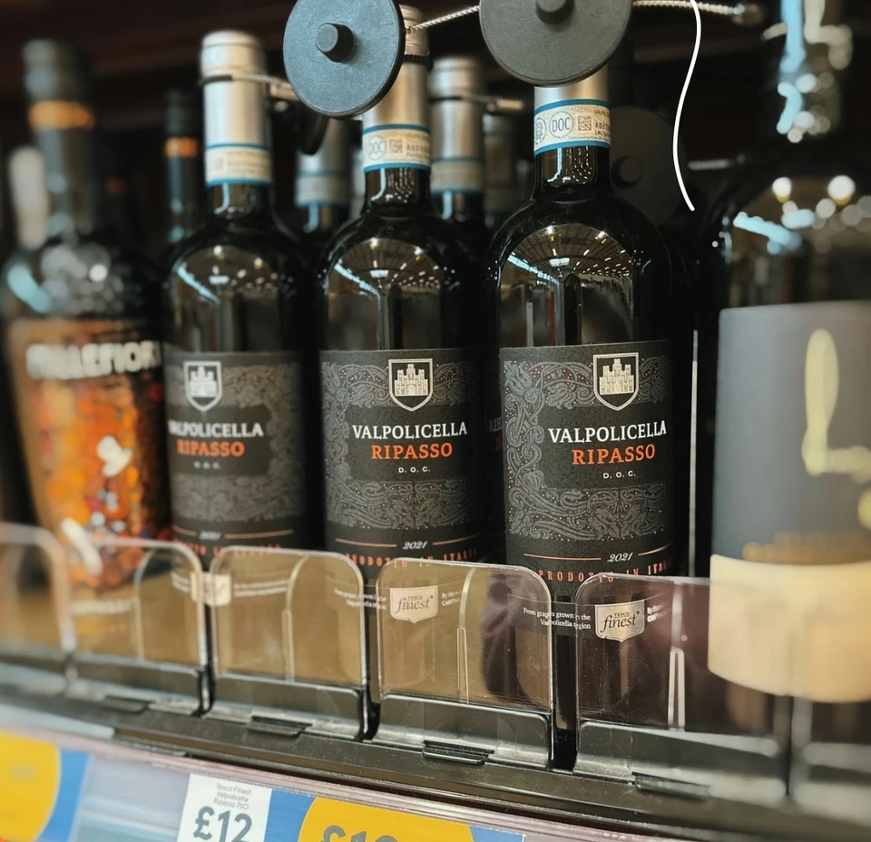 Tesco Finest Valpolicella Ripasso bottles on a supermarket shelf