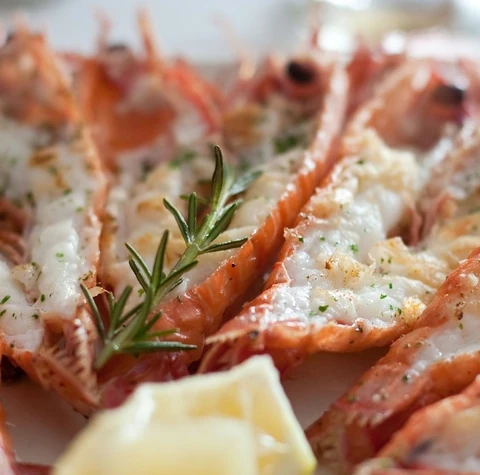Grilled langoustines with lemon and rosemary on a plate
