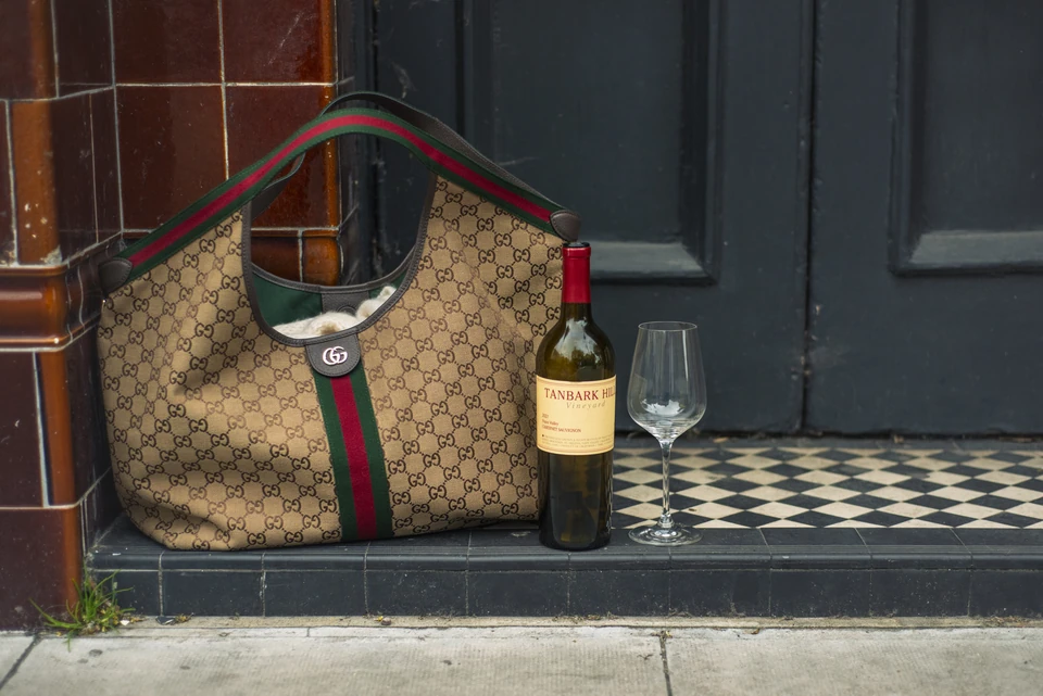 Tanbark Hill Vineyard red wine beside a wine glass and patterned handbag