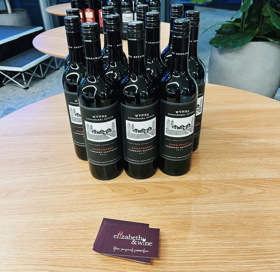 Bottles of Wynns Coonawarra Estate Cabernet Sauvignon with Elizabeth & Wine cards on a table