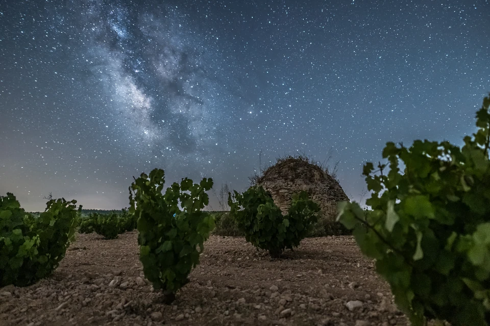 A stone vineyard hut beneath the Milky Way in Jumilla, Spain