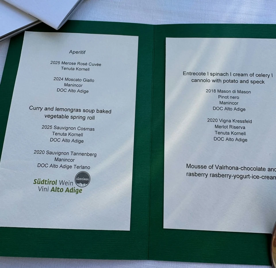 Printed Alto Adige menu listing Merlot Riserva and other wines