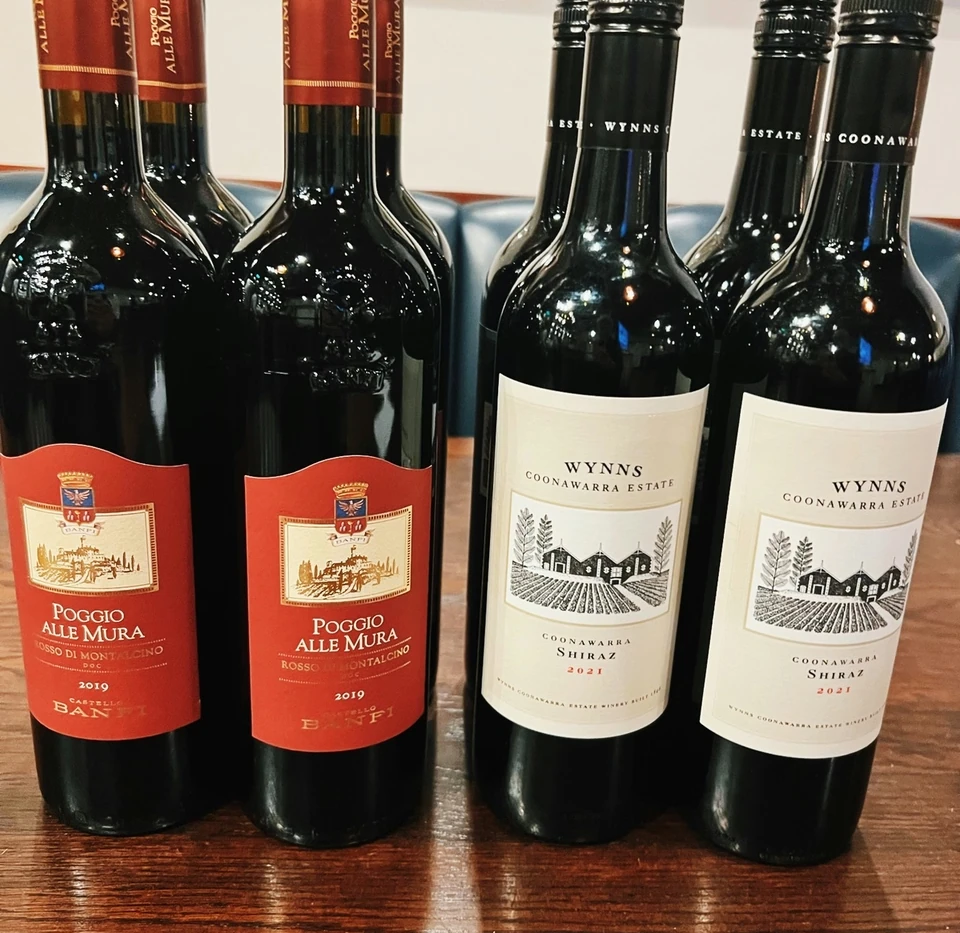 Poggio alle Mura Brunello and Wynns Coonawarra Estate Shiraz bottles