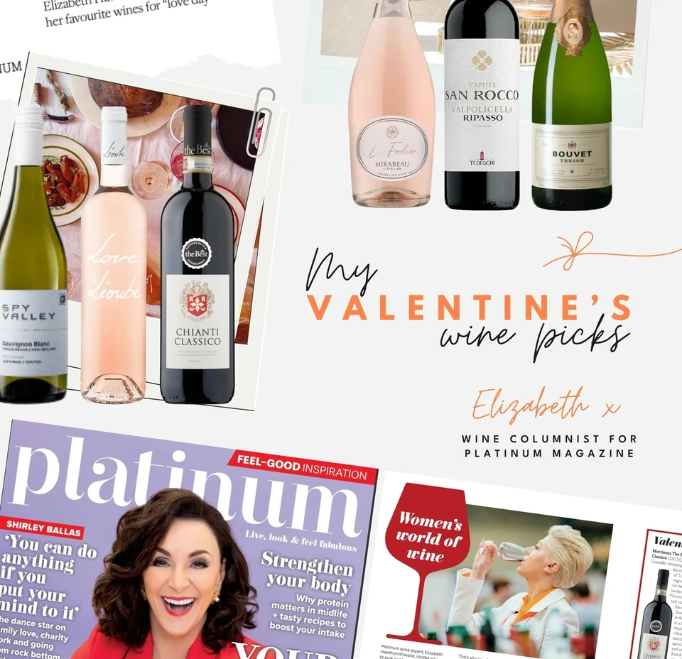 Magazine collage of Valentine's wine picks by Elizabeth Hawthornthwaite