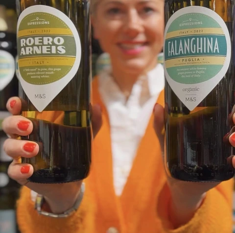 M&S Expressions Roero Arneis and Falanghina bottles held up for the camera