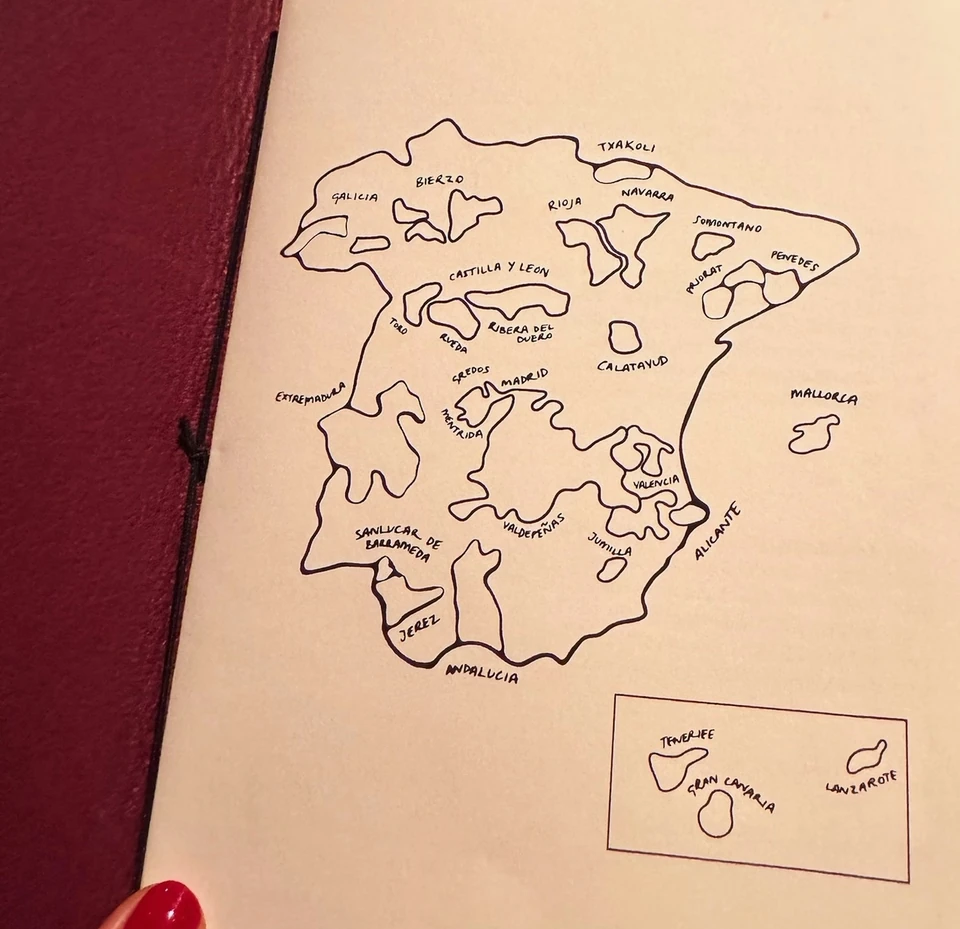 Hand-drawn map of Spanish wine regions in a Legado booklet, including Galicia
