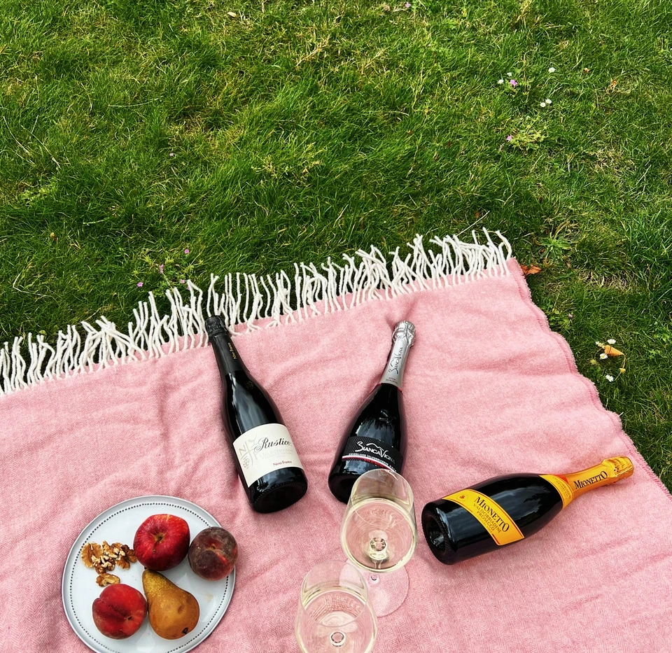 Three Prosecco bottles, two filled wine glasses and fruit arranged on a pink picnic blanket