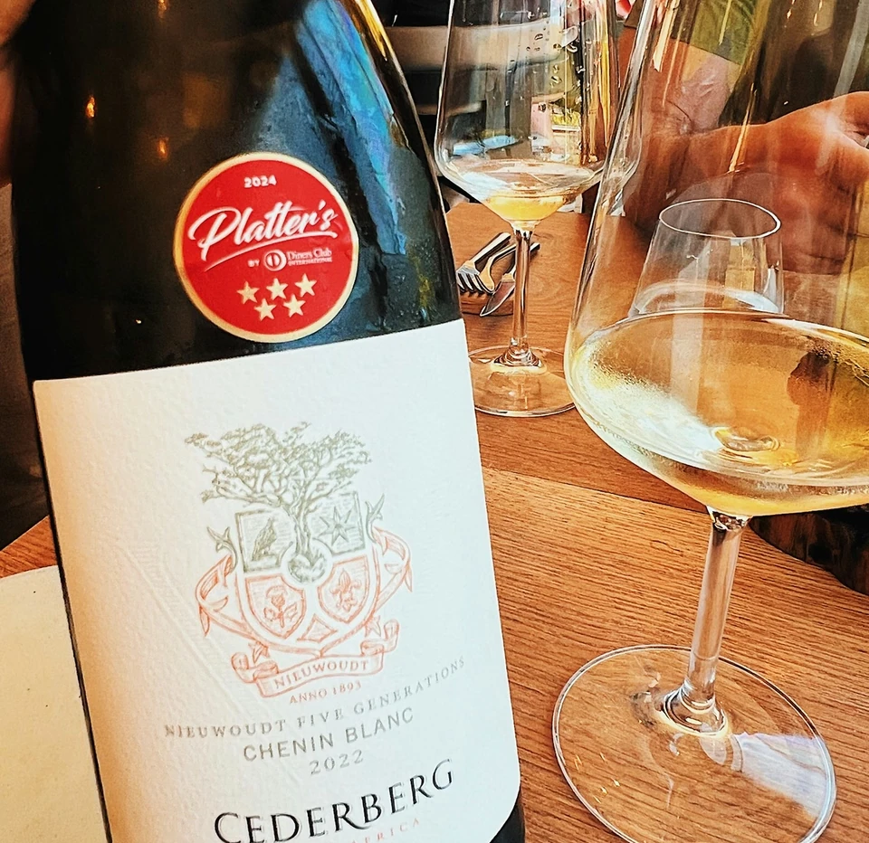 Cederberg Chenin Blanc bottle and wine glasses at a tasting
