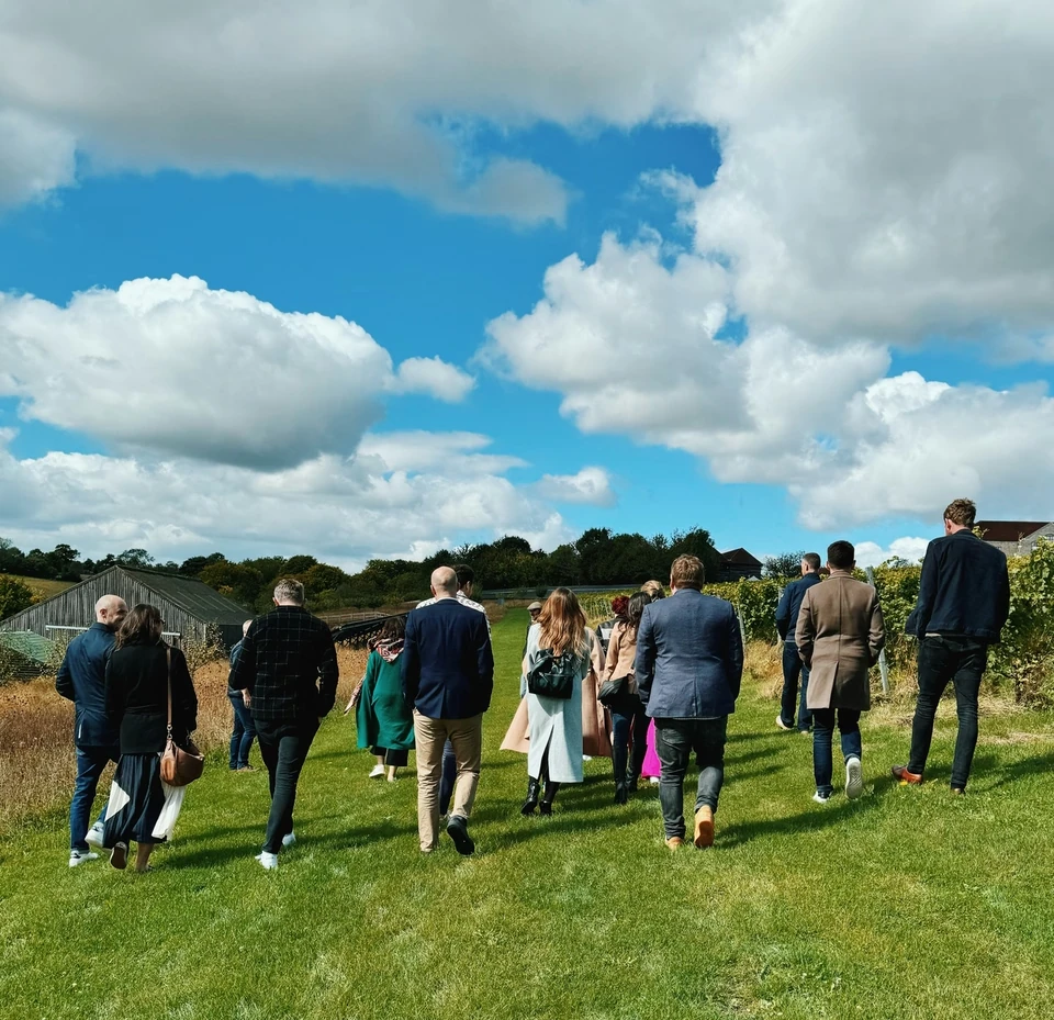 Group walking through the vines at Exton Park beneath dramatic clouds