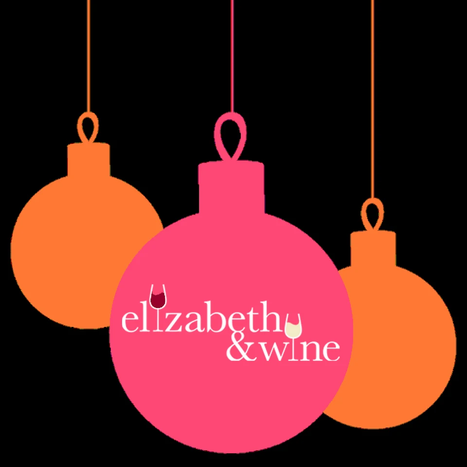 Elizabeth & Wine logo on a pink Christmas bauble with orange baubles