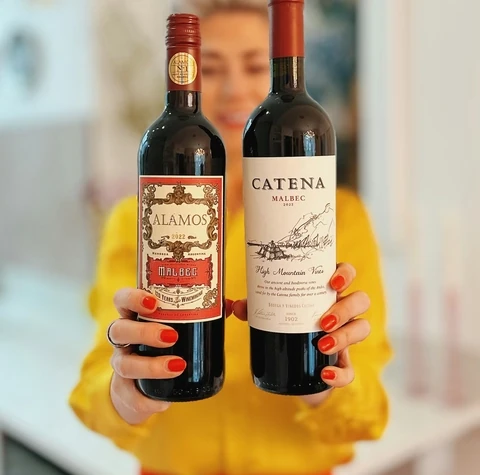 Person holding Alamos and Catena Malbec wine bottles
